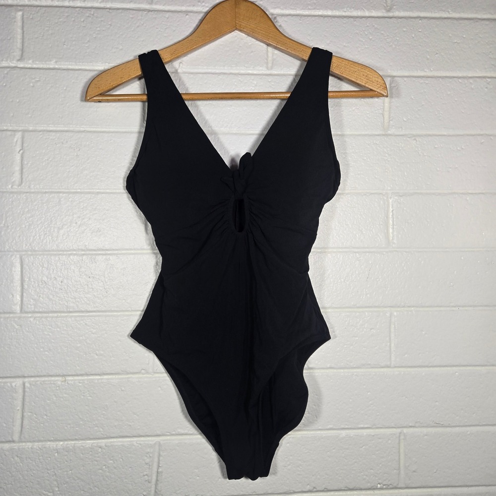 Robin Piccone Black Tie Front Ruched One Piece Swimsuit 12 Vacation Swim Classic